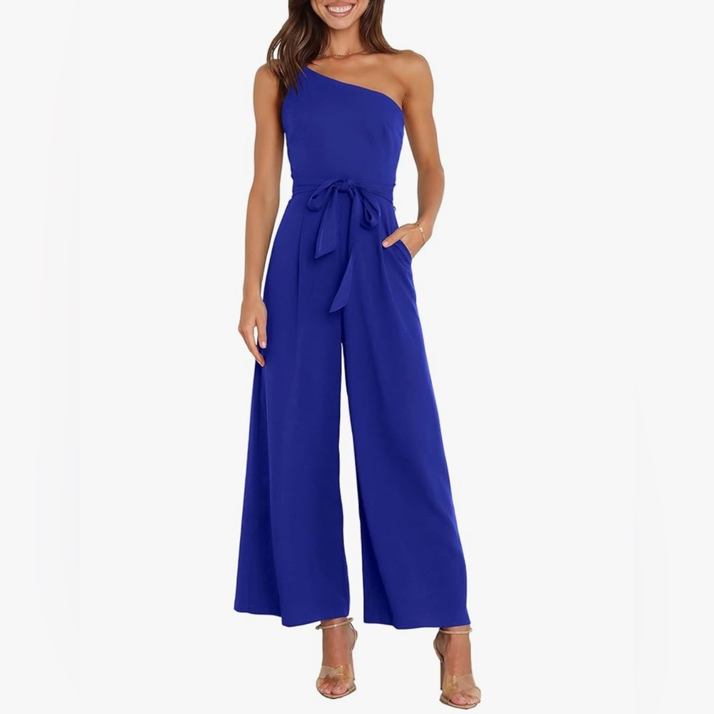 Blue One Shoulder Jumpsuit with Wide-Leg Pants